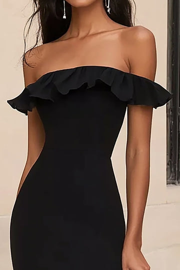 Mermaid Off The Shoulder Ruffled Black Tie Dress with Slit